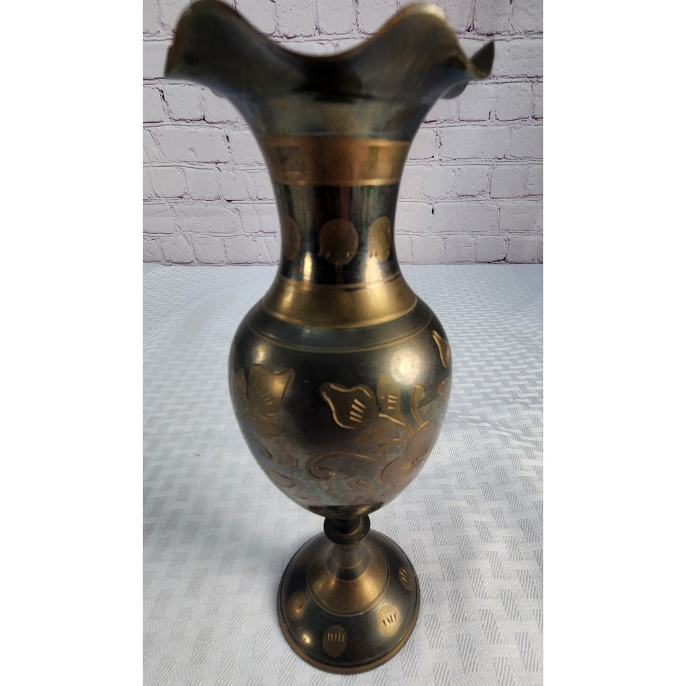 Vintage Floral Vase Black-Solid Brass Etched 8" Engraved Art Decor